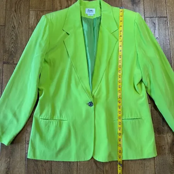 VTG Silks By Joan Leslie Blazer & Blouse Neon Green 100% Silk Womens Sz 16 - Picture 10 of 15